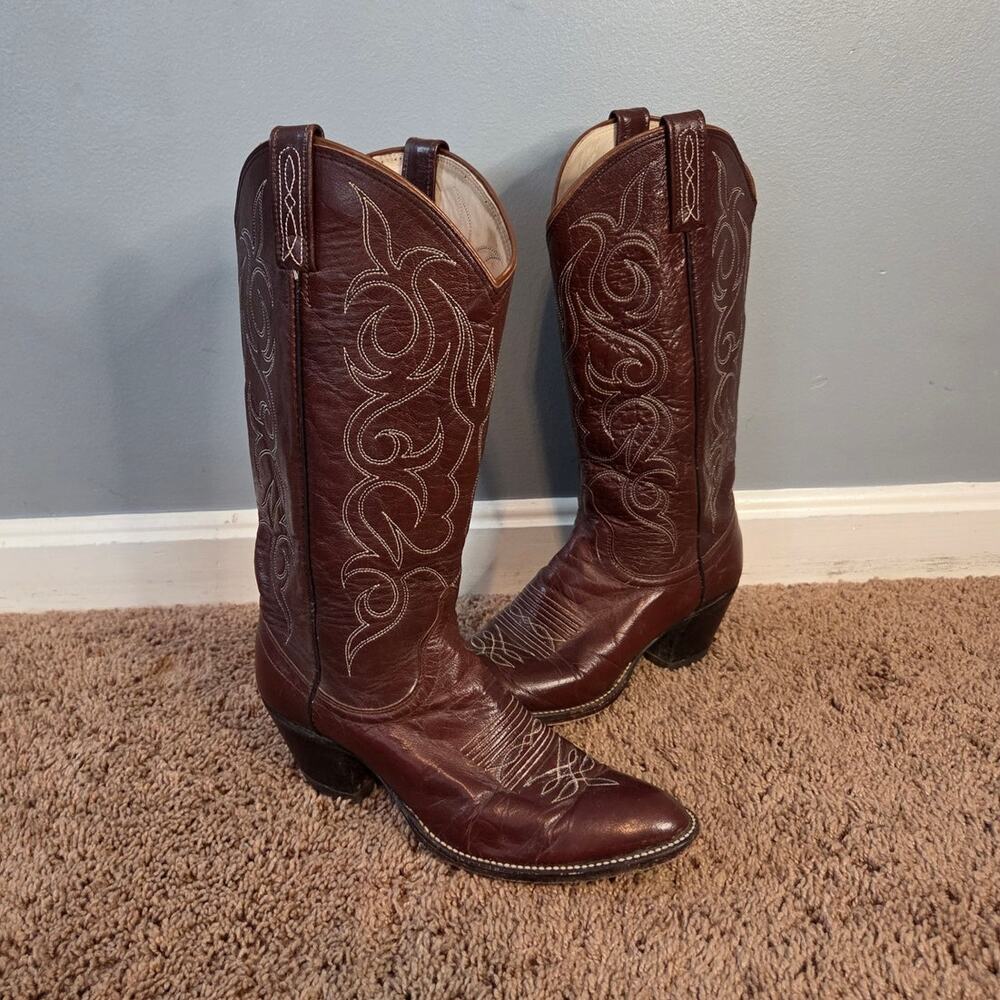 Dan post cowboy boots vintage brown leather embroidery shaft round toe 8